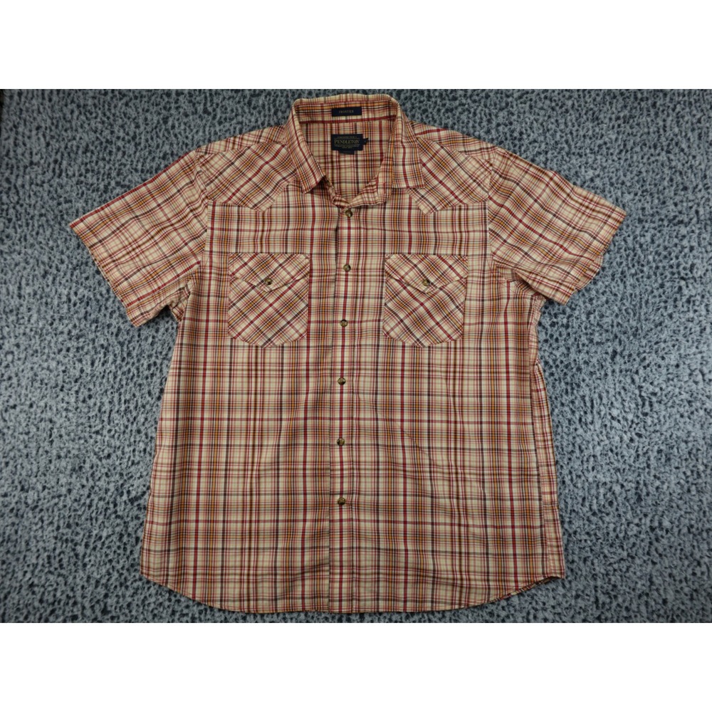 Pendleton Frontier Mens XL Short Sleeve Western Plaid Button Up Shirt Red Orange